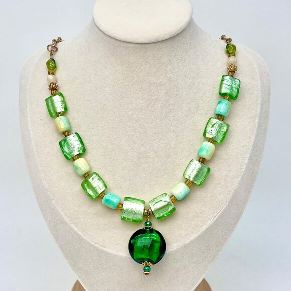 Handmade Green Art Glass Necklace Statement Beads Drop Pendant Toggle Clasp - Picture 1 of 10